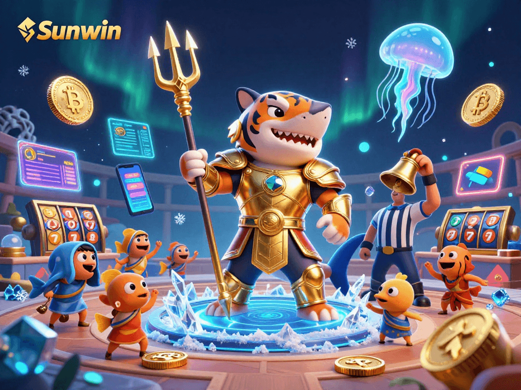 Experience the thrill of Sunwin with a 3D scene featuring vibrant casino elements and a shark gladiator.