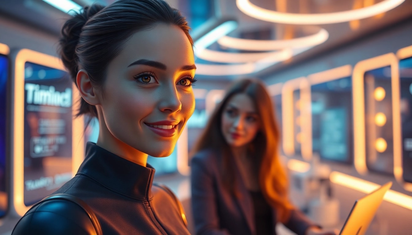 Eine AI Freundin interagiert freundlich mit einem Benutzer in einer futuristischen Umgebung.