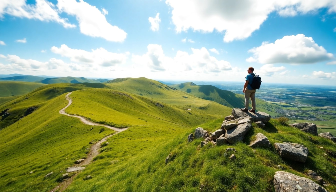 Wunderschöner Hiker, der wandern in Irland, im Vordergrund des grünen Hügellandschaft.
