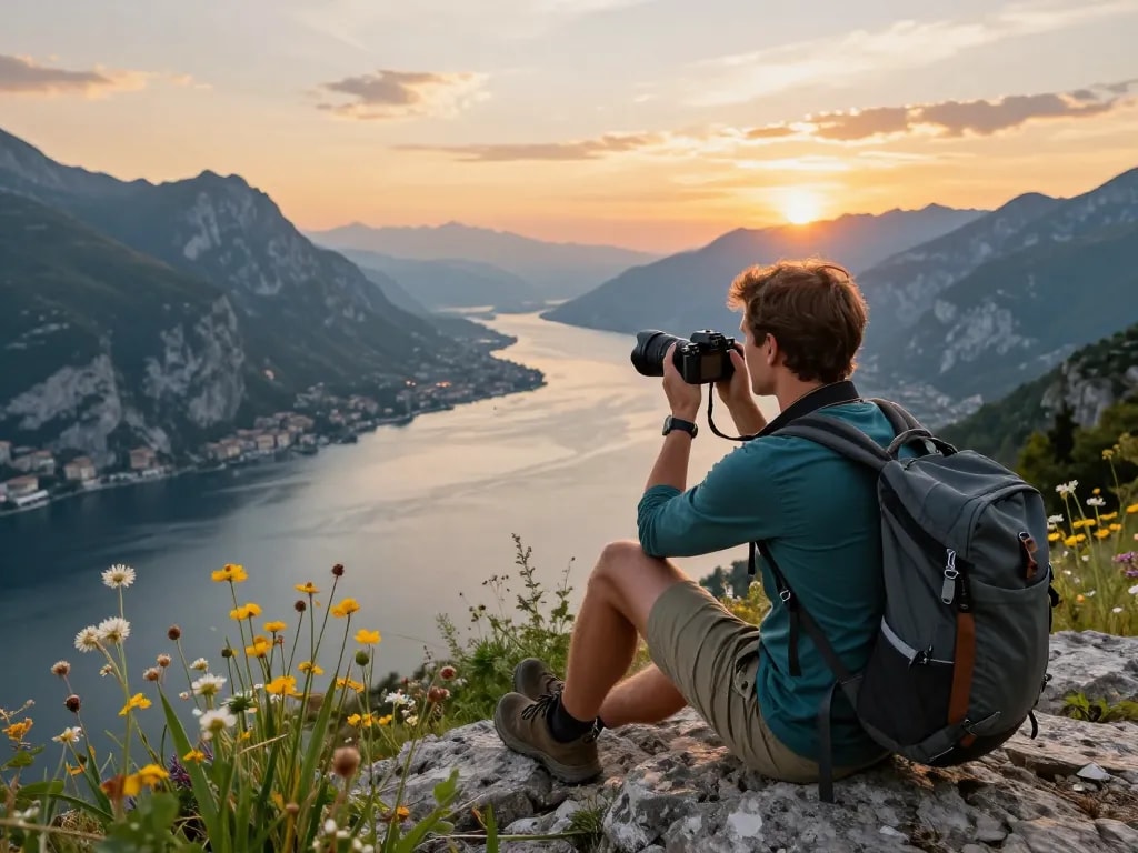 Genießen Sie einen Urlaub am Gardasee und fangen Sie atemberaubende Ausblicke während des Sonnenuntergangs ein.
