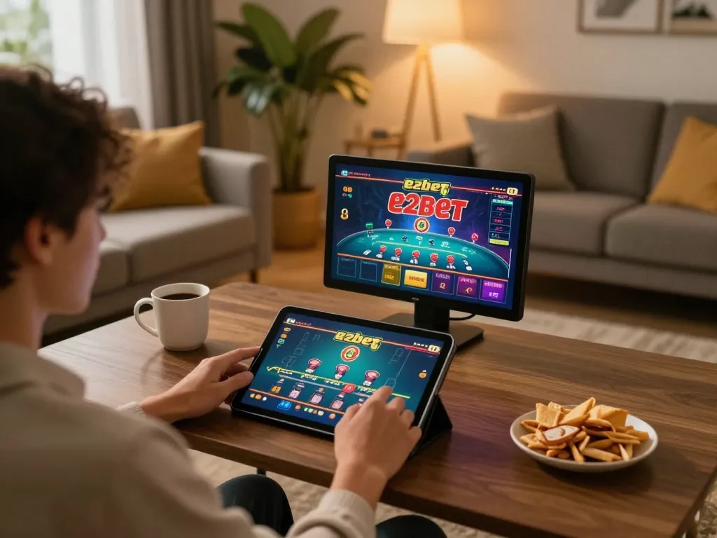 Engaging in the thrilling e2bet game experience at home, with a tablet showing live dealer action.