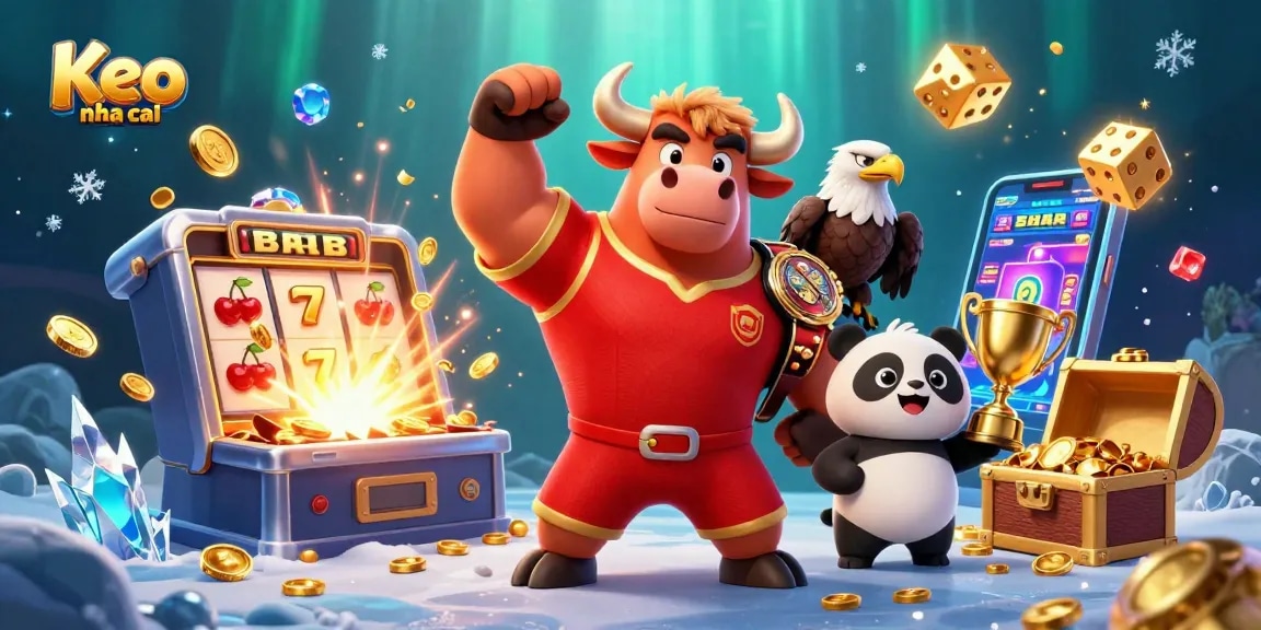 Join the action with Keo nha cai as our bull mascot triumphs alongside a trophy-holding panda amidst a vibrant casino scene.