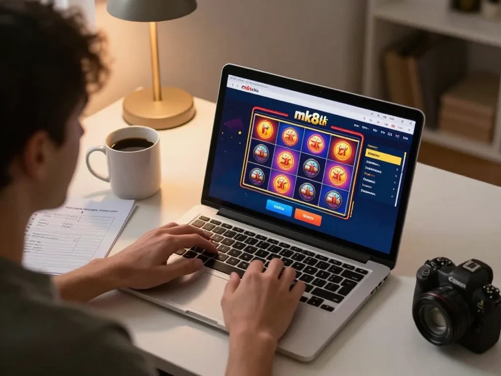 Person engaging in online betting on mk8th platform at home, showcasing strategic gambling environment.