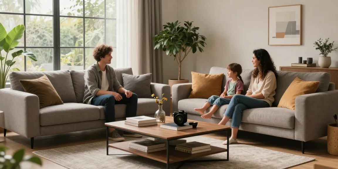 Gemütliche Wohnzimmer-Szene mit stilvollen Möbeln für Möbel Direkt Bestellen, die Interaktion in der Familie zeigt.