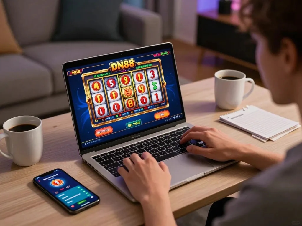 Player engaged in thrilling DN88 online gaming with vibrant slot reels, showcasing exhilarating casino experience.