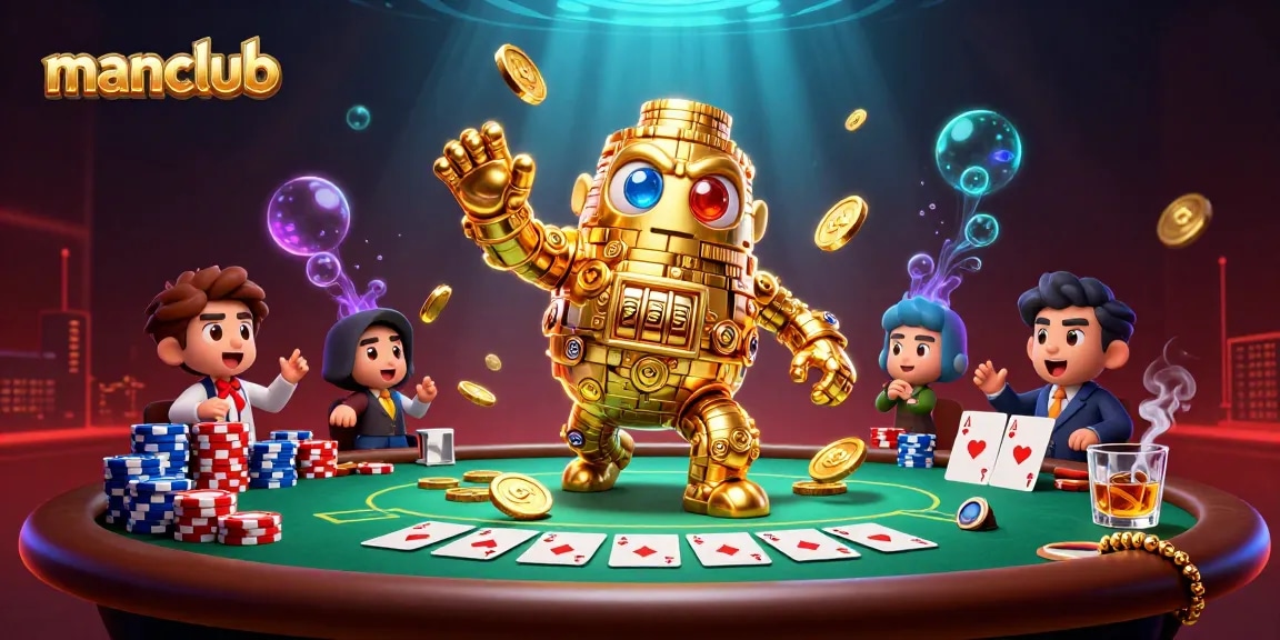 Experience the action at Manclub with an ultra-detailed scene showcasing vibrant poker games and thrilling slot experiences.