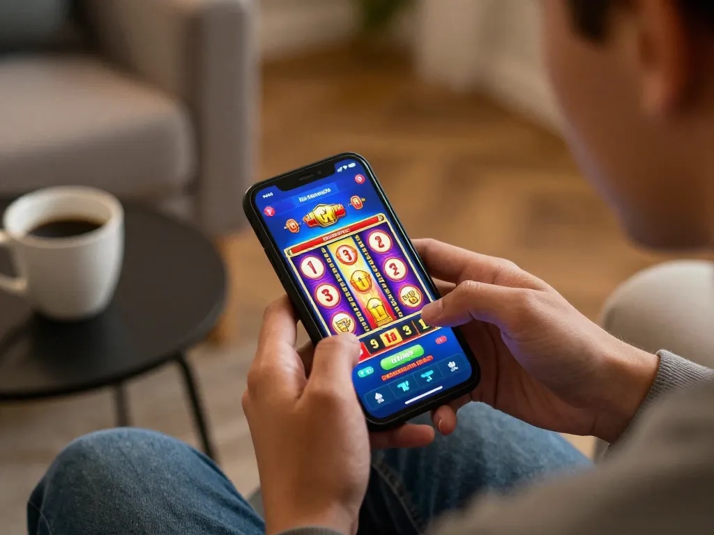 Spielen von Slots in der mobilen App, die die Aufregung der suomalaiset pikakasinot in einem gemütlichen Wohnzimmer zeigt.