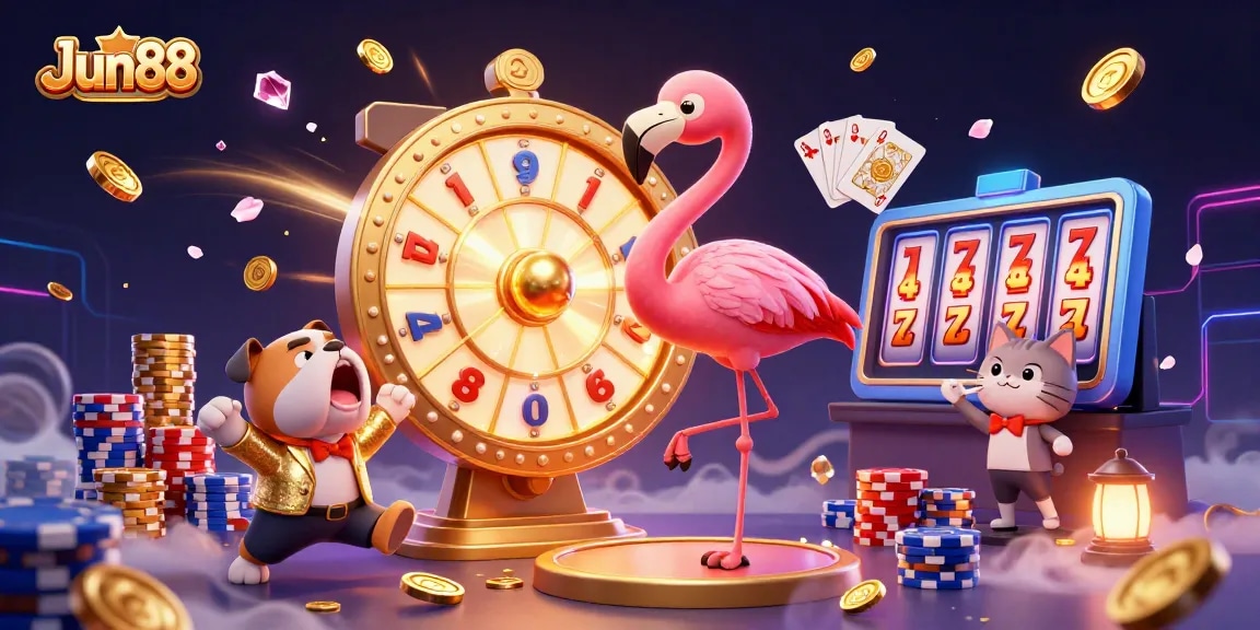 Experience high-stakes gaming fun with Jun88’s vibrant casino illustration showcasing thrilling prizes and excitement.
