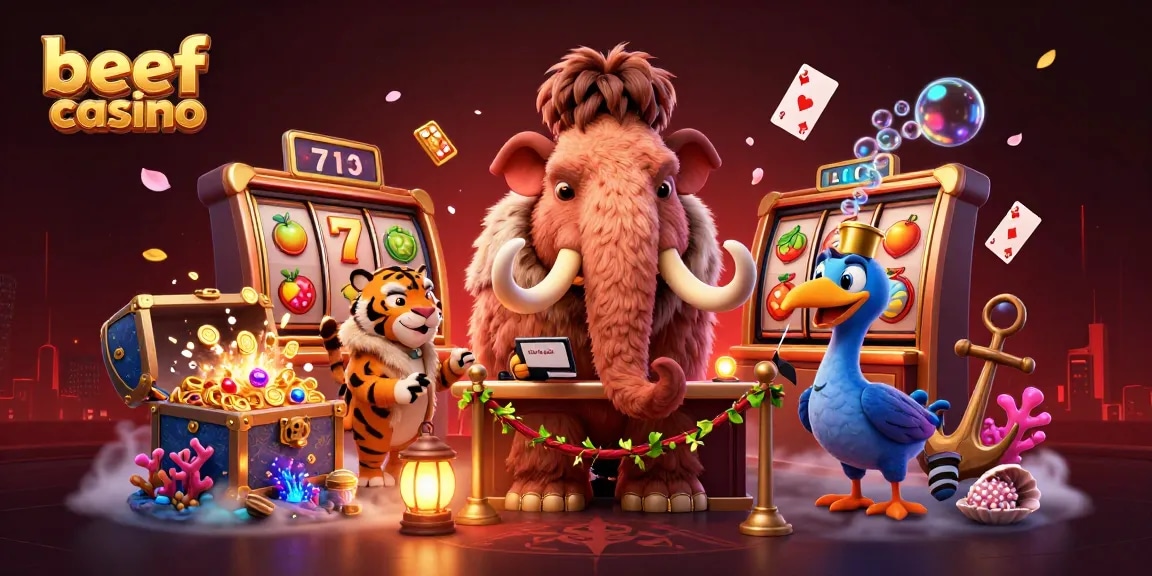Beef Casino VIP-Atmosphäre mit Mammut, Säbelzahntiger und Dodo, die Spieler an der Tür empfangen.