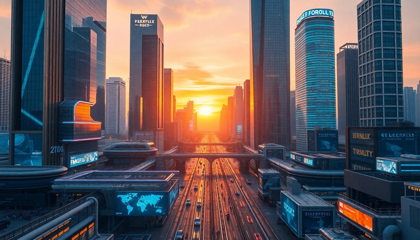 3D visualisierung einer dynamischen futuristischen Stadt mit holografischen Elementen und lebendigem urbanem Leben.