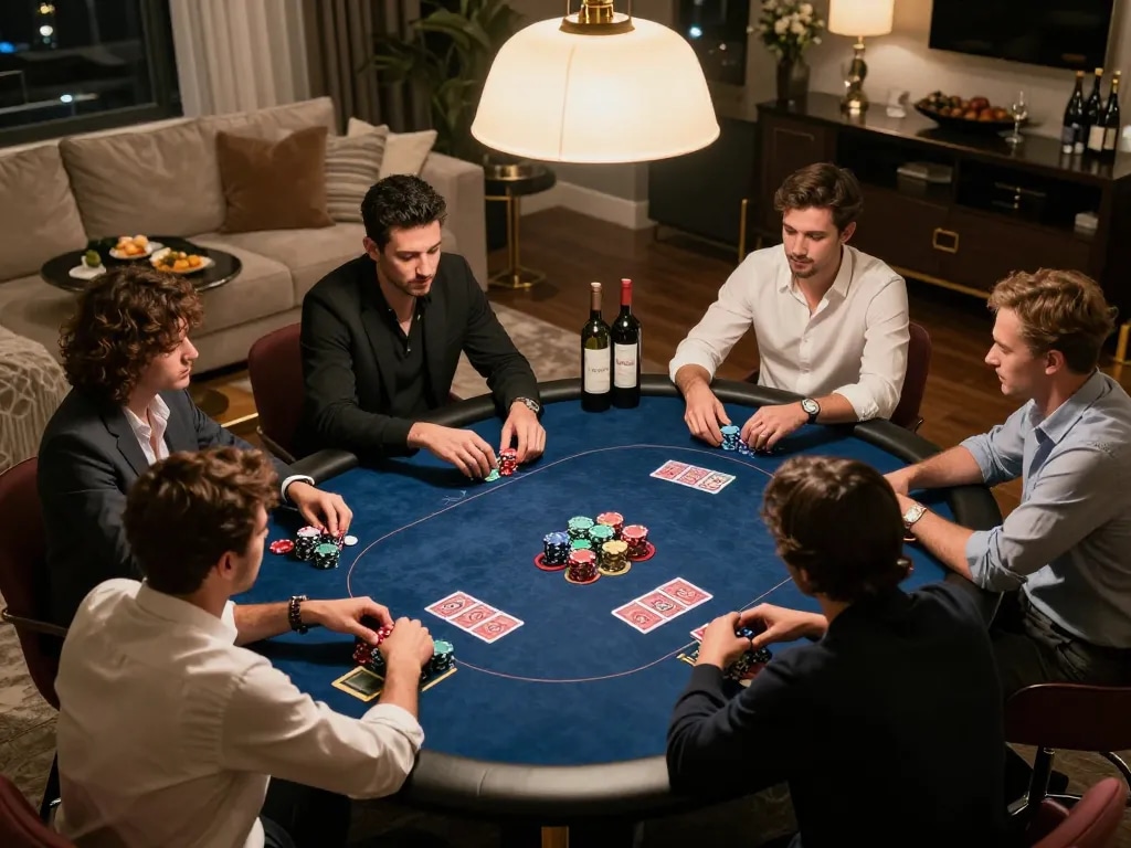 Players strategizing in a high-stakes poker game at home while enjoying their sunwin gaming experience.