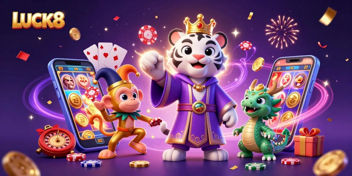 Experience the excitement of LUCK8 with a vibrant 3D illustration showcasing a royal tiger and playful characters in a dynamic casino scene.