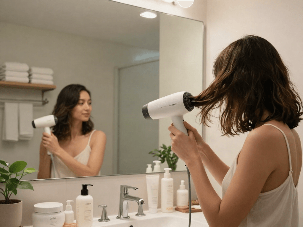 Moderne Frau benutzt den Laifen Mini Haartrockner in stilvollem Badezimmer mit hochwertiger Kosmetik.