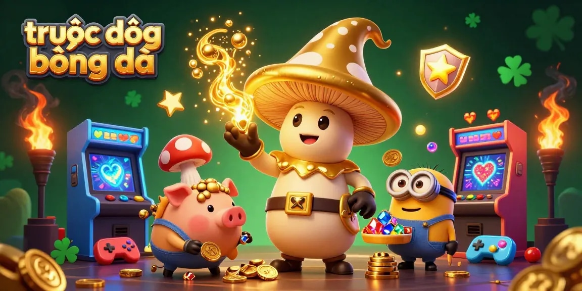 Watch trực tiếp bóng đá with a golden wizard and a treasure-hunting pig in a vibrant casino scene.