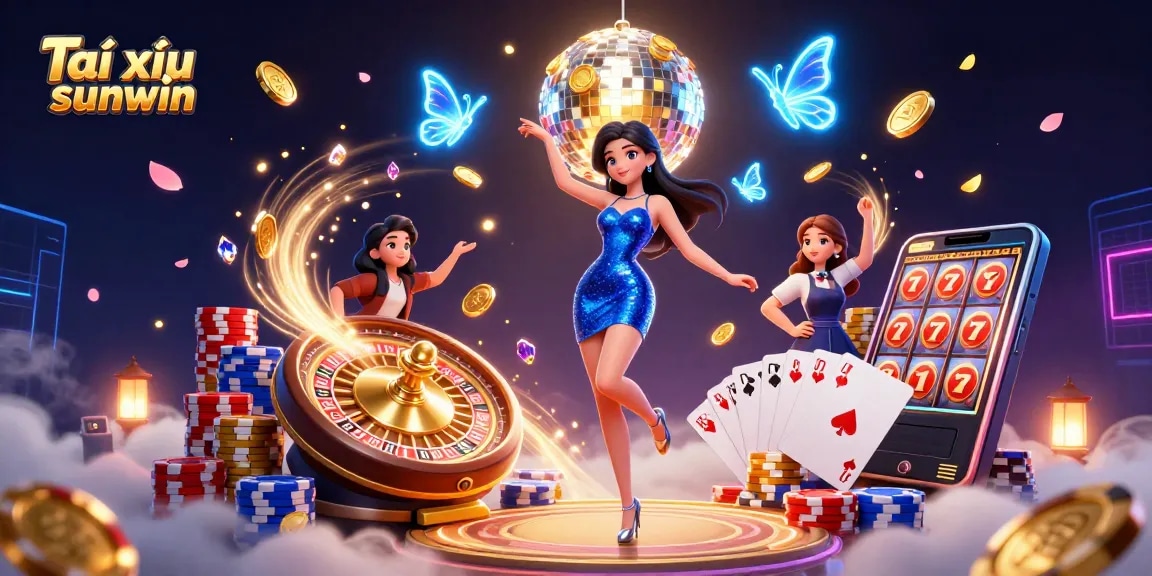 Experience the thrills of Tài xỉu sunwin amidst cascading coins and vibrant colors in a dynamic casino scene.