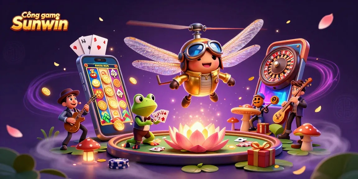 Cổng game Sunwin brings life to a vibrant 3D scene with a dragonfly pilot and a frog croupier, representing exciting casino gaming.
