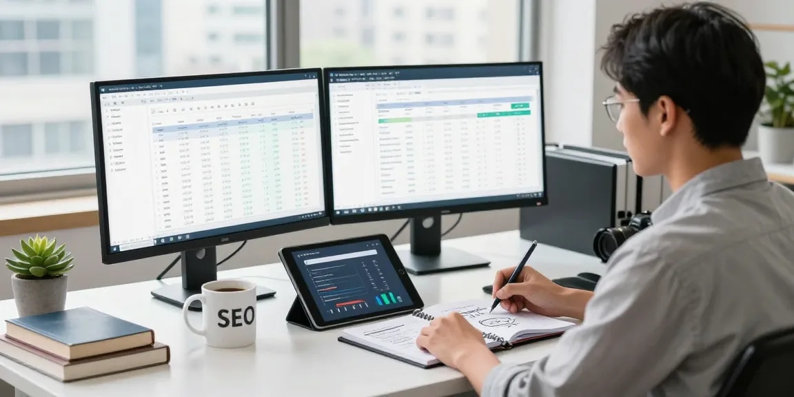 Professioneller Arbeitsplatz einer SEO Agentur mit einem digitalen Marketingexperten, der die Suchleistungsmetriken und Schlüsselwortstrategien analysiert.