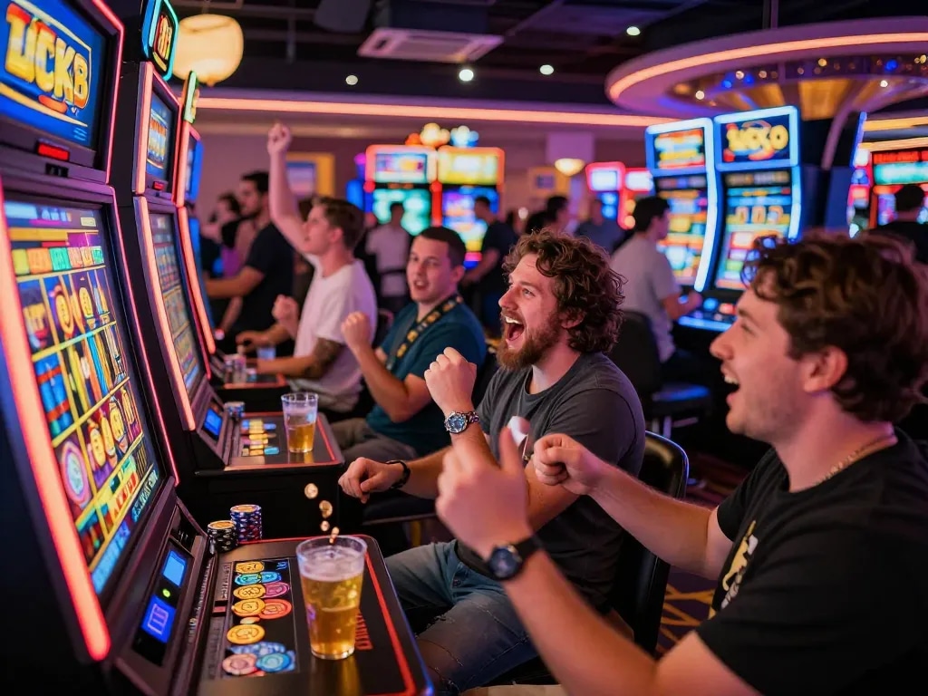 Players enjoying the Lucky 88 slot machine experience in an energetic casino atmosphere.