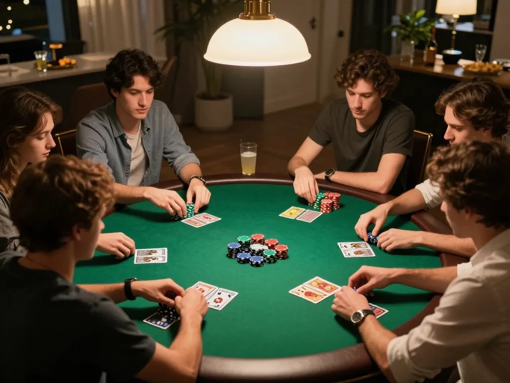 Các người chơi đang tận hưởng một trò chơi poker thân thiện tại nhà, thể hiện các chiến lược LUCK8 và sự cạnh tranh hấp dẫn.
