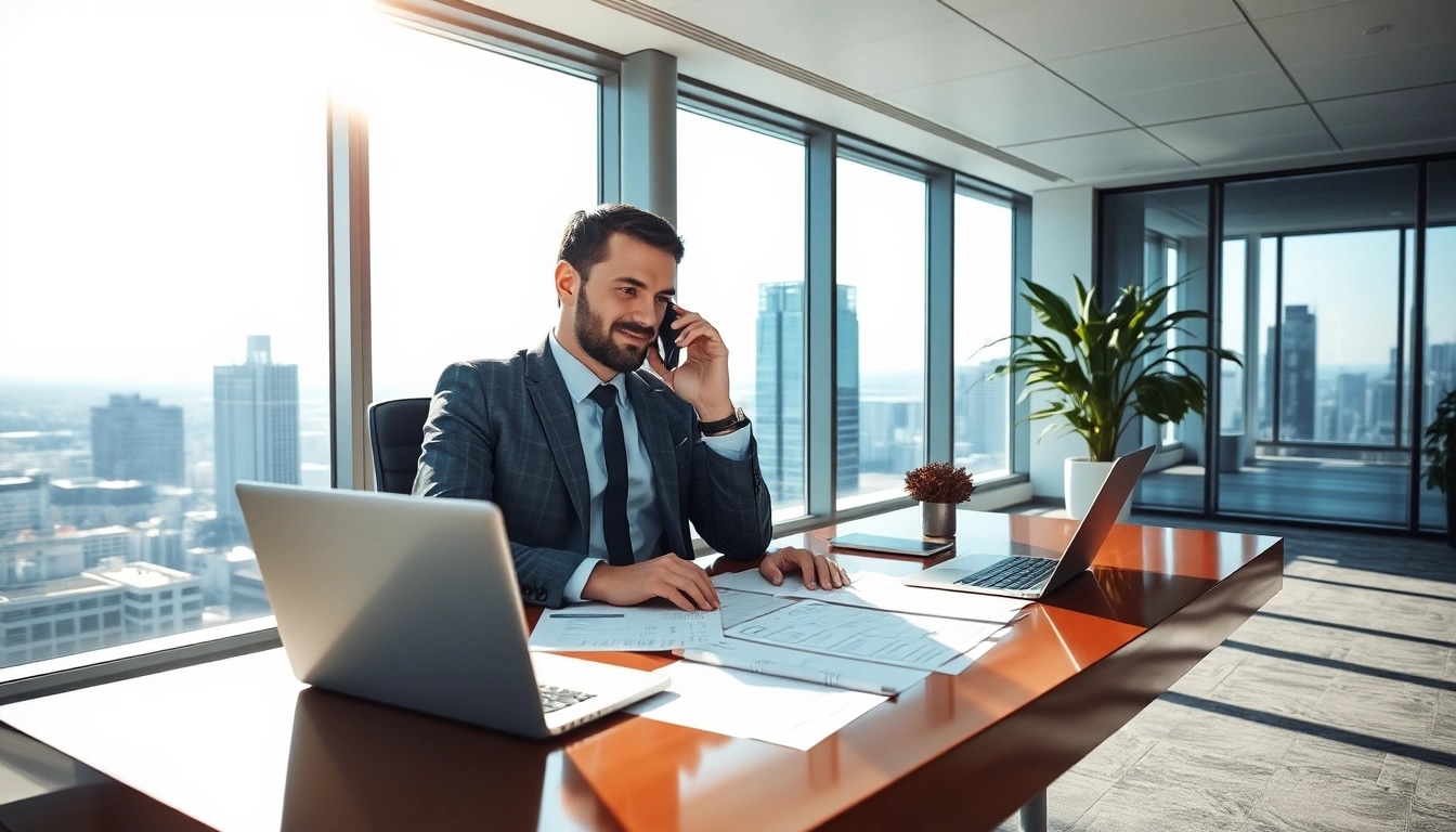 Headhunter während eines Telefonats in modernem Büro mit Lebensläufen.