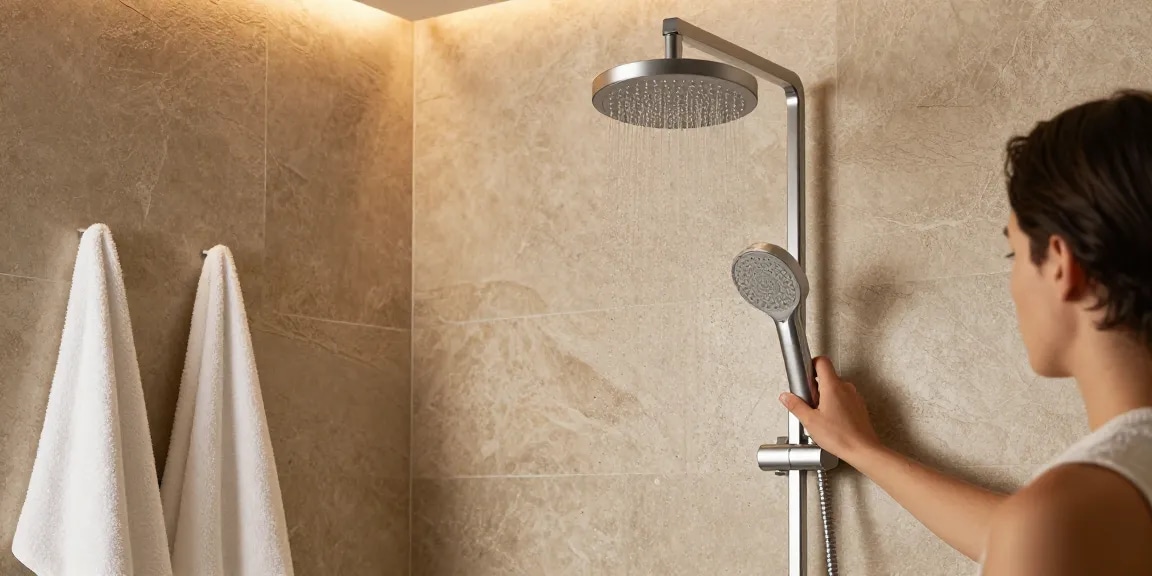 Elegante doucheruimte met een moderne douchekraan en regendouchekop, die luxe en comfort laat zien.