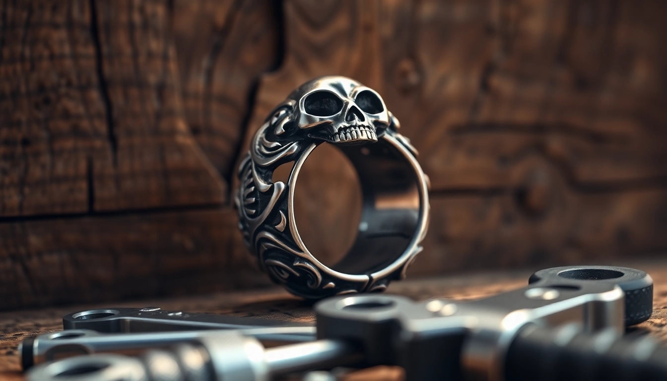 Bikerring auf einem rustikalen Holzuntergrund mit eingängigen Details und einem einzigartigen Design.