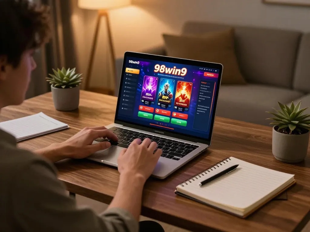 Player strategizing on 98win9's online casino on a laptop at a cozy desk