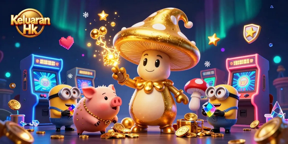 Keluaran Hk showcases a magical scene featuring golden mushroom wizard, pig, and gems in a vibrant casino setting.