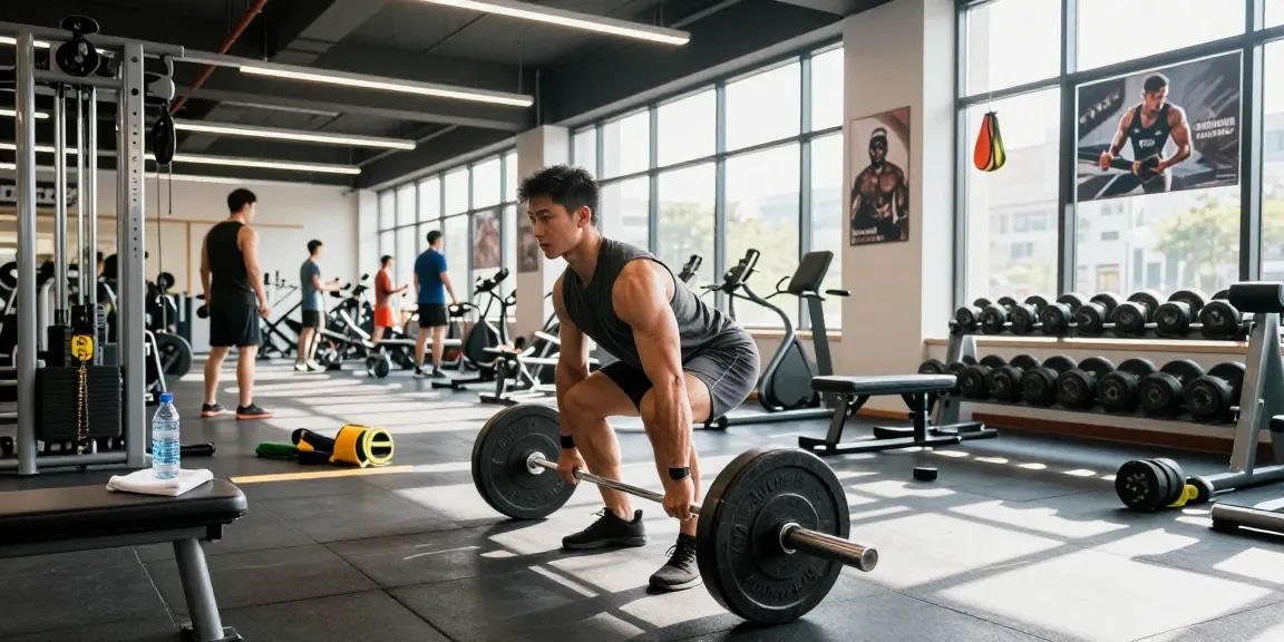 Kraftsportler hebt Gewichte in einem hellen Fitnessstudio von Steroidshop und zeigt Stärke und Fitnessumgebung.
