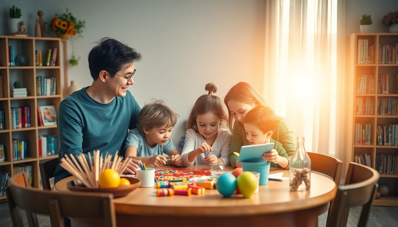 Kindererziehung durch kreative Familienaktivitäten fördern, während Eltern und Kinder gemeinsam bei einem Tisch arbeiten.