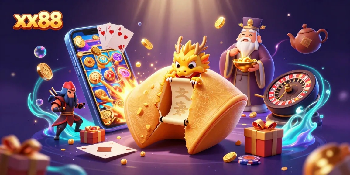 Spin thrilling slots at xx88 with a golden fortune cookie and dragon in a vibrant casino scene.
