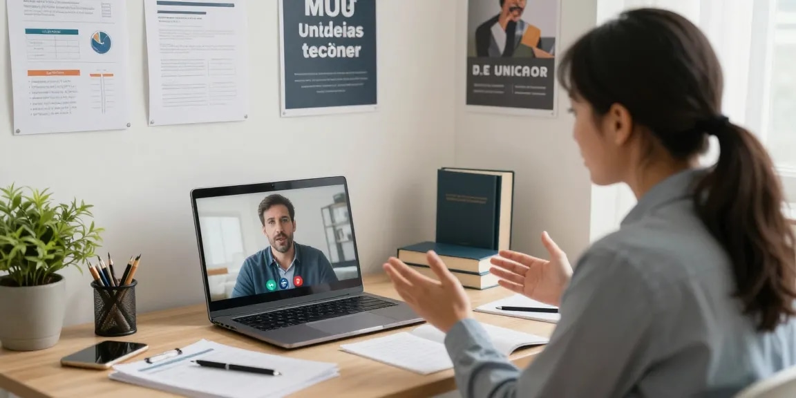 Engagement in der MPU Vorbereitung online mit einem Verkehrpsychologen während einer Videoberatung in einem hellen und unterstützenden Arbeitsumfeld.