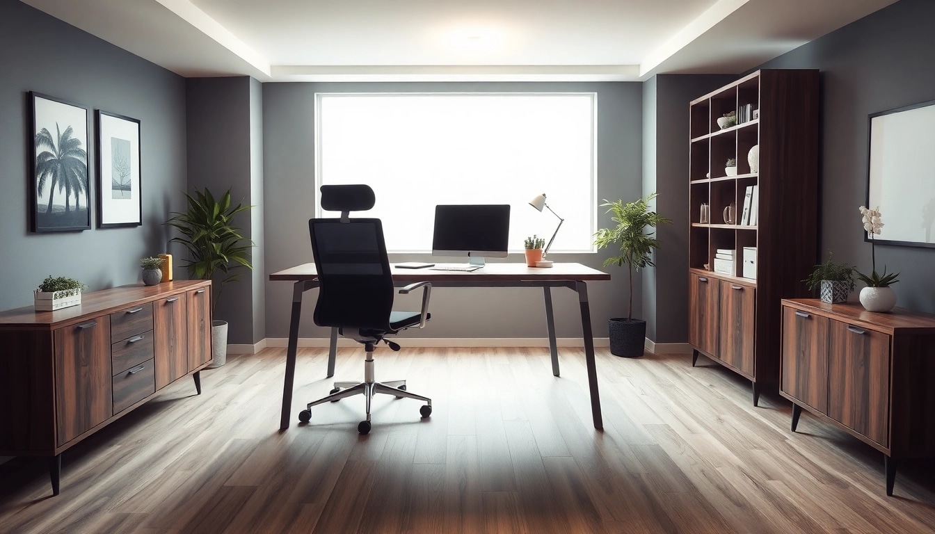 Hochwertige Büromöbel in modernem Büro-Setup mit ergonomischem Schreibtisch und Stuhl.