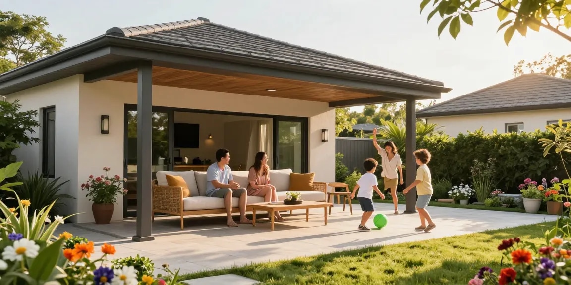 Moderne freistehende Terrassenüberdachung mit Familie im Garten.