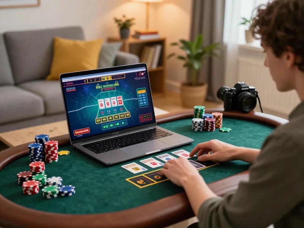 Engaging gameplay link vào qq88 on a laptop in a cozy home setting with colorful chips and warm lighting.