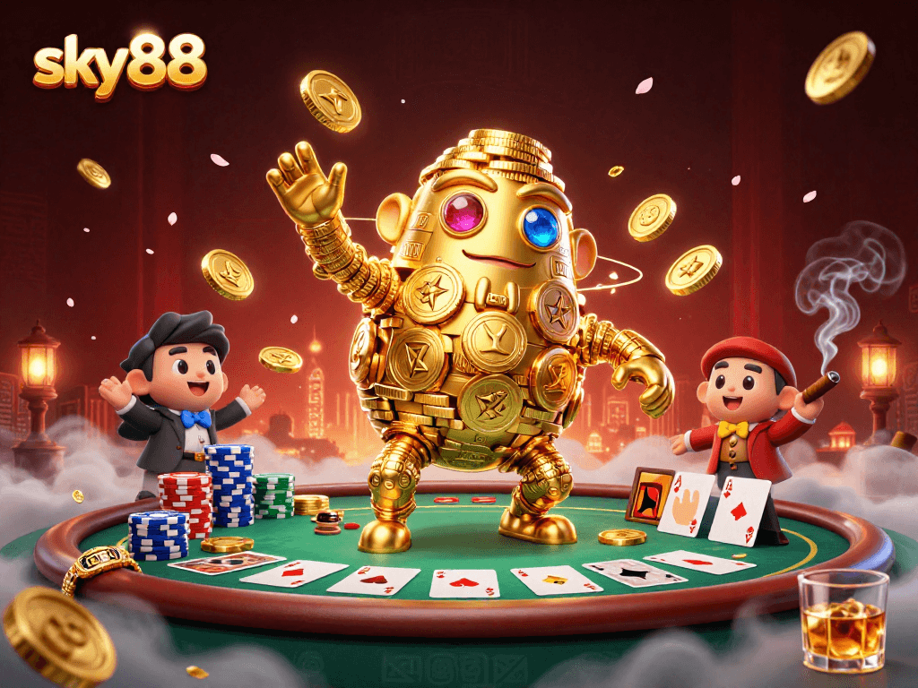 Sky88 unleashes excitement with a golden golem, poker elements, and vibrant casino scene.