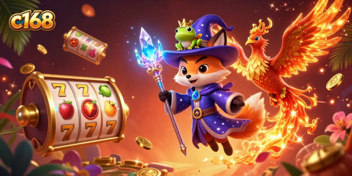 Experience exciting slots at c168 with a mystical wizard fox and fire phoenix in this vibrant casino scene.