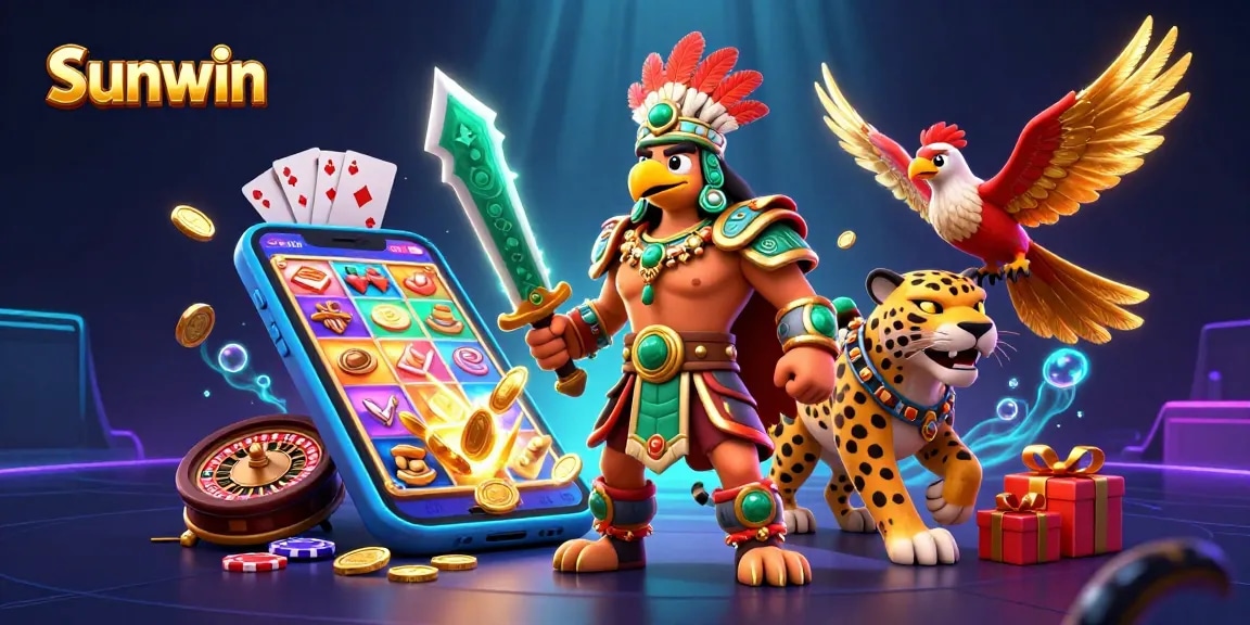 Engage with Sunwin's vibrant slot games and riches depicted in a rich 3D casino scene.