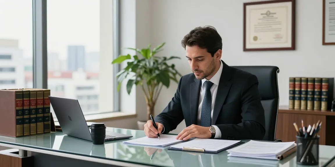 Turkish lawyer drafting legal documents in a modern office, symbolizing legal expertise.