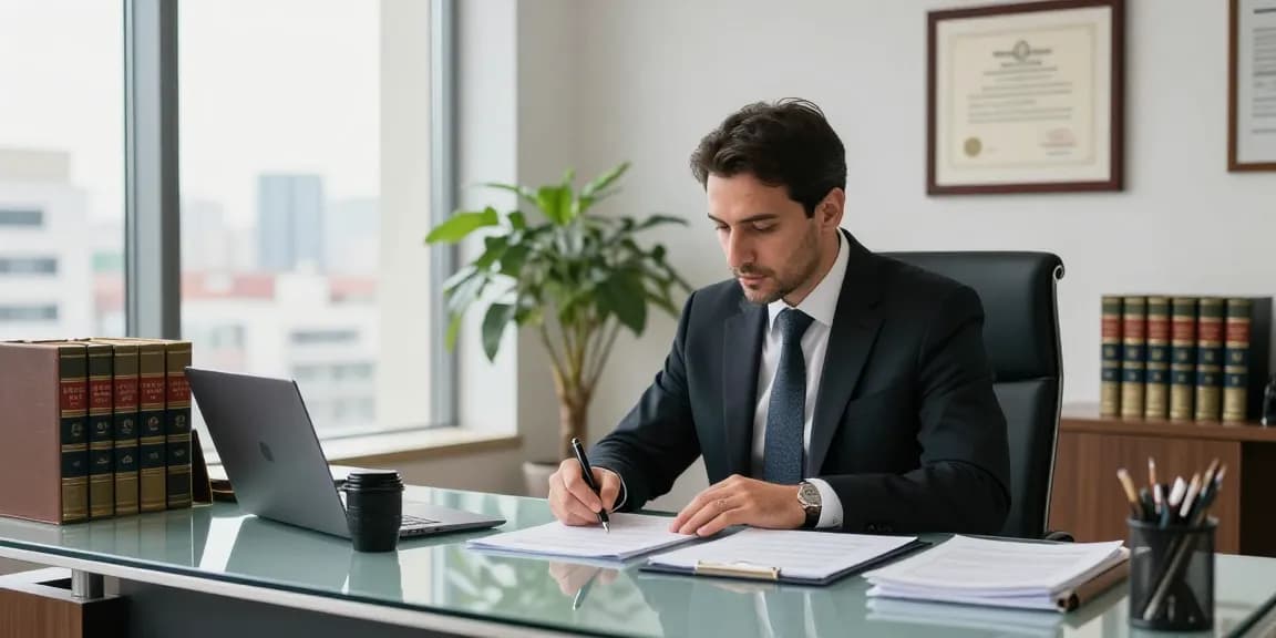 Turkish lawyer drafting legal documents in a modern office, symbolizing legal expertise.