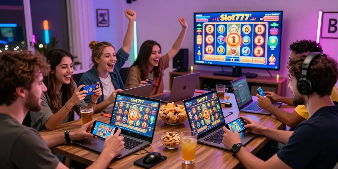 Teman-teman bermain Slot777 dengan smartphone dan laptop, suasana penuh keceriaan di rumah.
