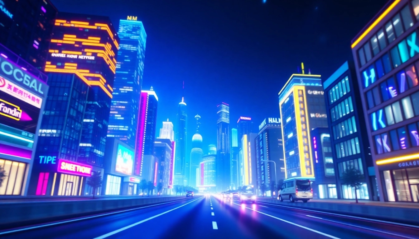 In einer 3D Animation wird eine futuristische Stadt mit leuchtenden Farben und beeindruckenden Licht- und Schatteneffekten dargestellt.