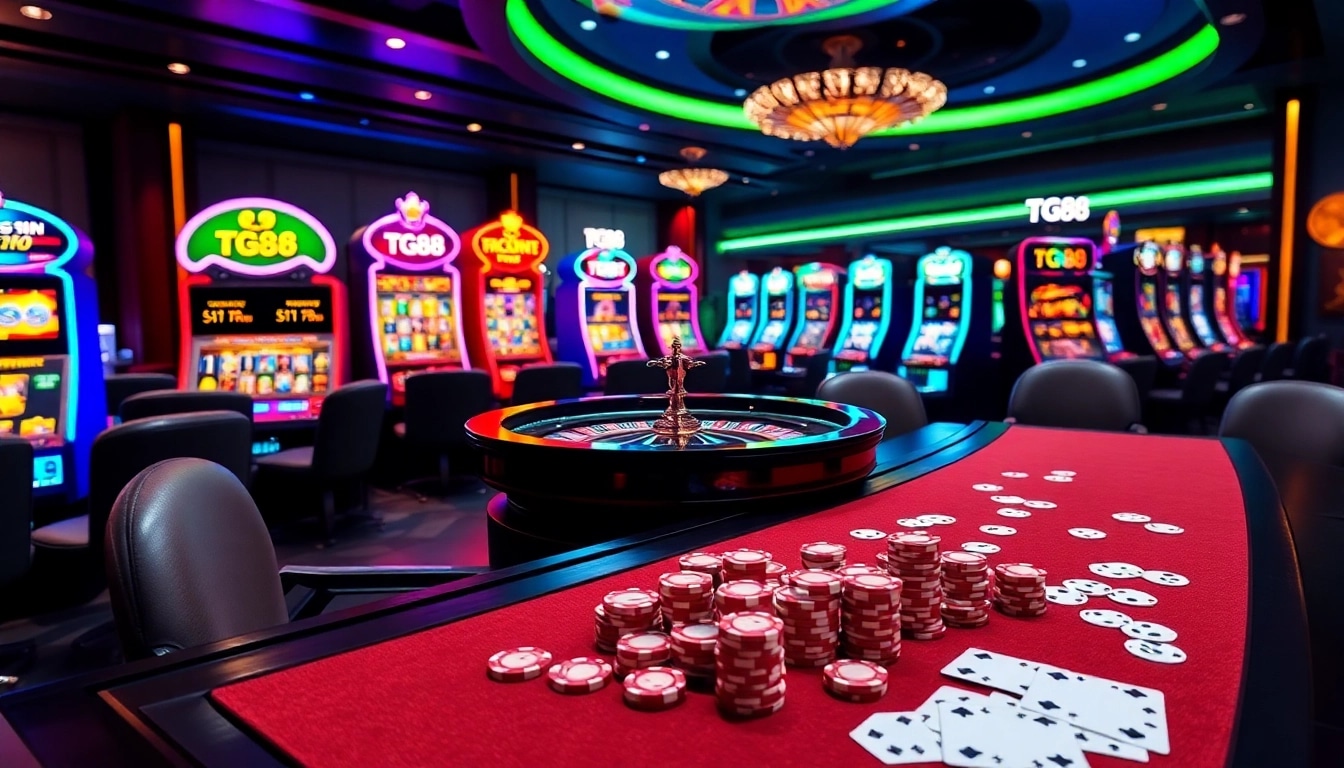 A thrilling casino experience showcasing TG88 online gaming with vibrant slot machines and poker chips.