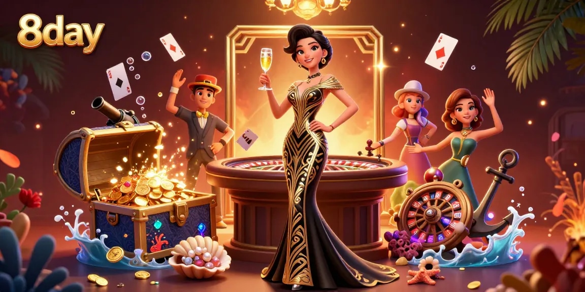 Experience the thrill of a casino with 8day's glamorous Asian woman and exciting game elements in a vibrant scene.