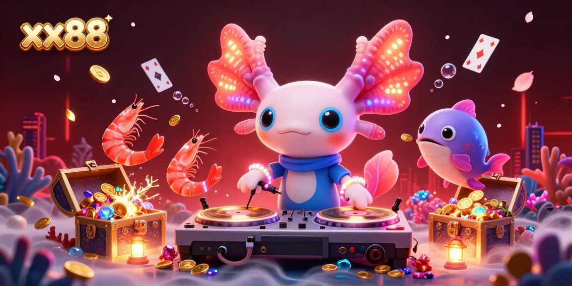 Experience thrills with xx88's lively underwater casino scene featuring a DJ axolotl and vibrant marine characters.