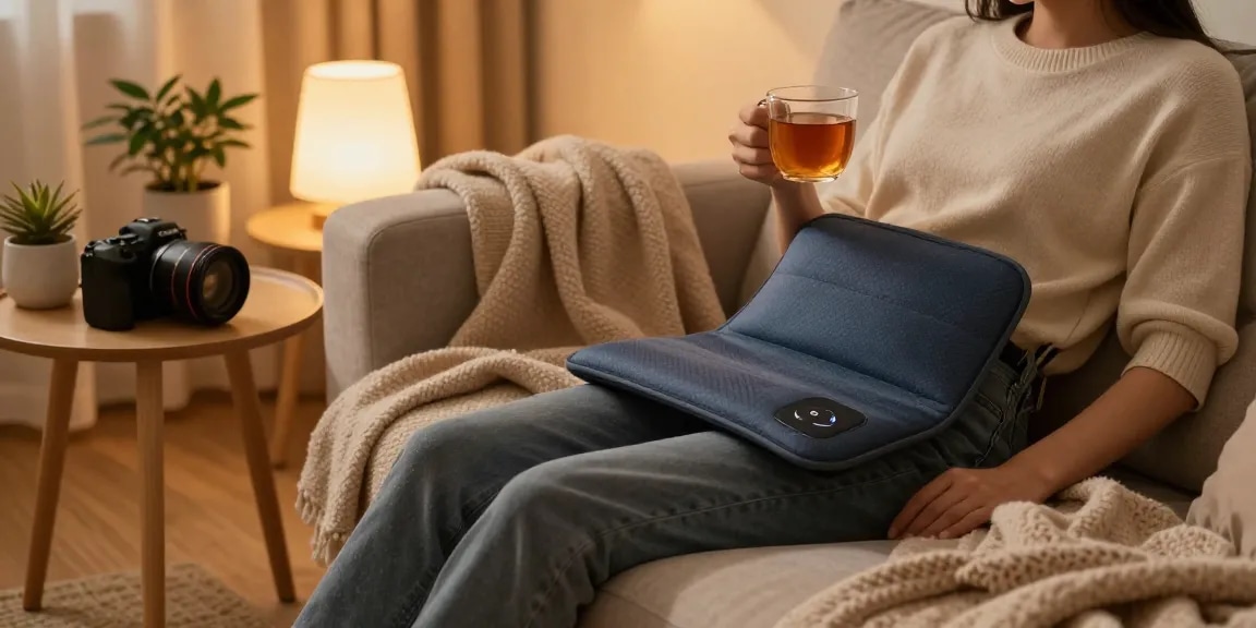 Entspannen mit einem Heizkissen mit Akku auf einem gemütlichen Sofa und die Wärme und den Komfort genießen.