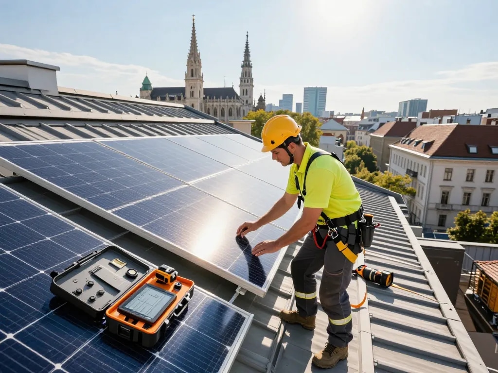 Professionelle Installation von Photovoltaik Wien-Paneelen auf einem sonnigen Wohnhausdach in Wien.