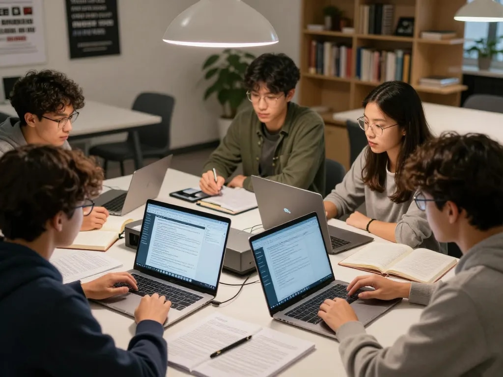 Students analyzing texts with a KI Detektor deutsch in a warm study environment, showcasing collaboration and precise results.