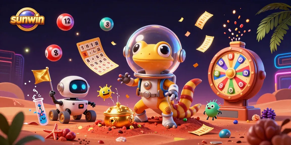 Engaging sunwin gaming scene with a Martian gecko and vibrant lottery elements celebrating casino discovery.