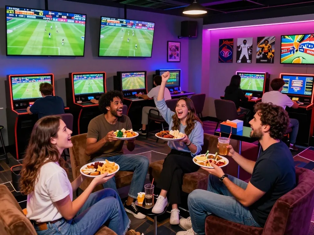 Friends enjoying sports betting in a lively gaming lounge with debet options on digital displays.